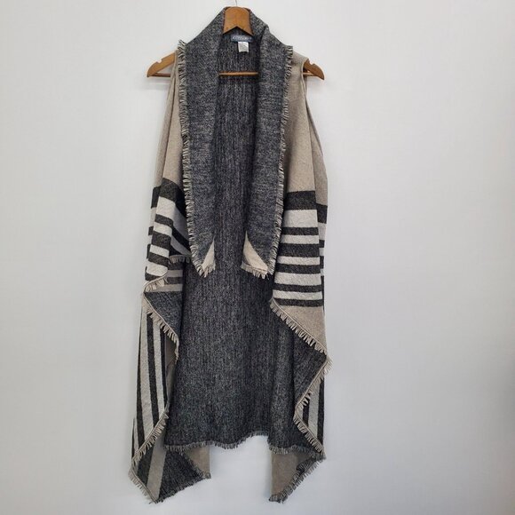 Womens One Size Cardigan Vest Waterfall Open Front Striped Fringe Hem Gray Black - Picture 3 of 13